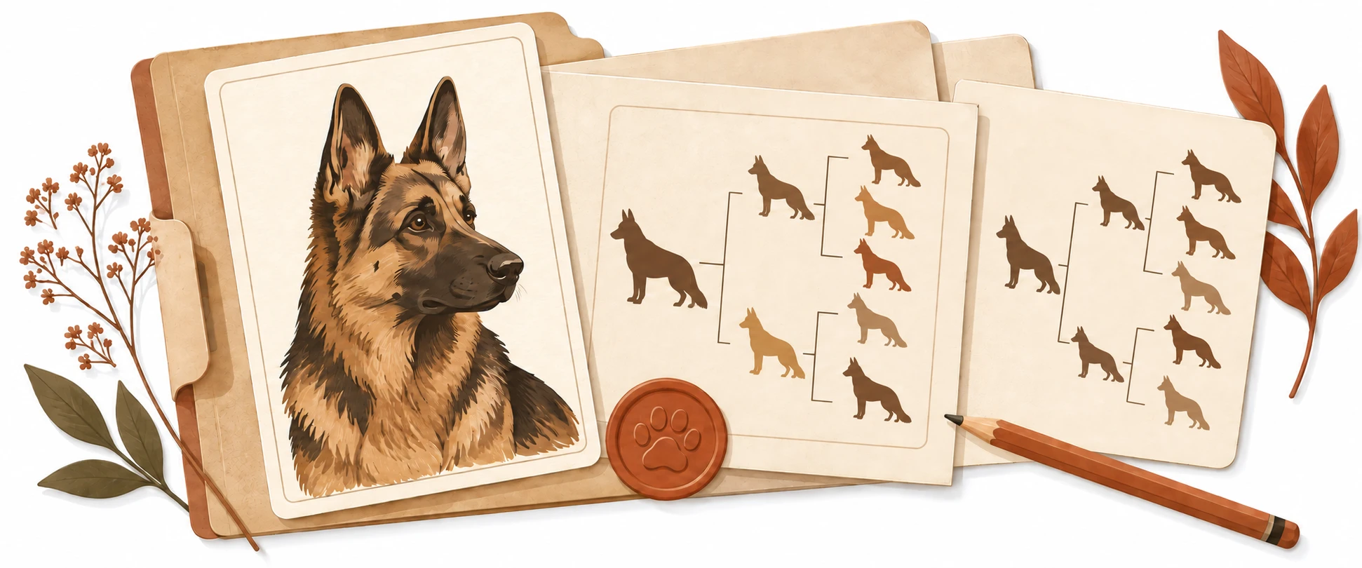 Carnet de pedigree illustré avec le portrait d’un berger allemand et des arbres généalogiques